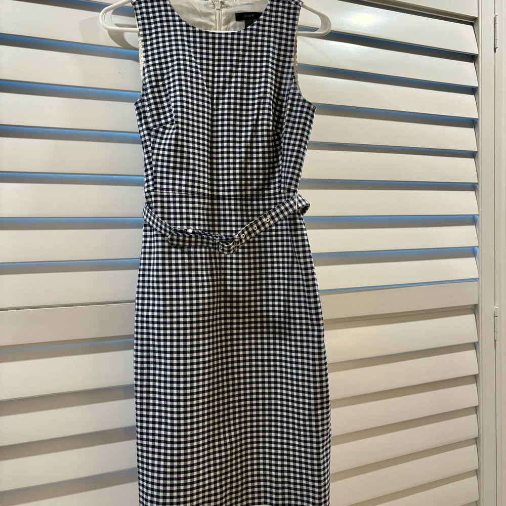J. Crew Navy and White Checkered Belted Dress